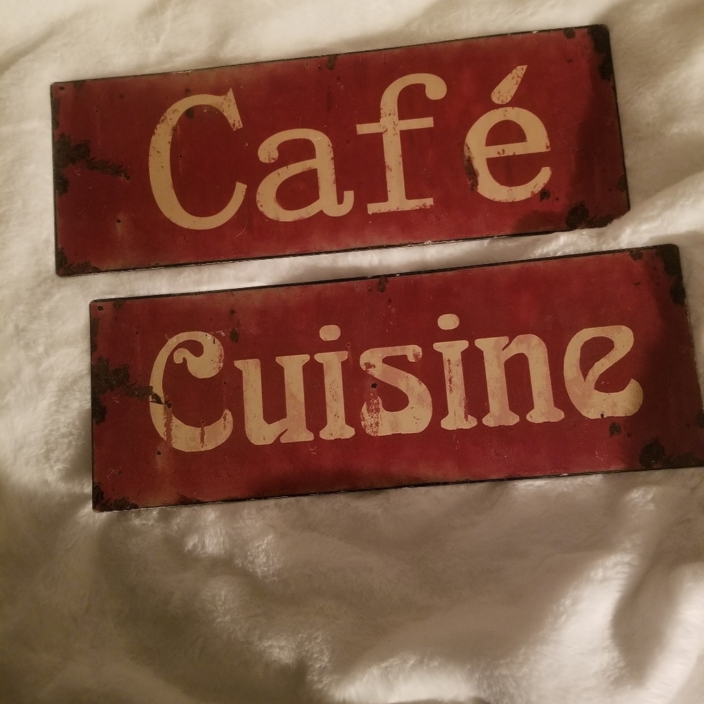 (2) metal vintage signs ; Cafe and Cuisine rustic red